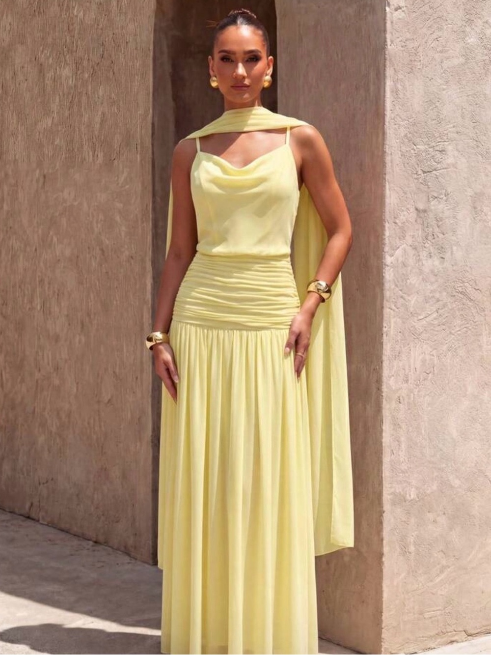 SHEIN Pale Yellow Draped Maxi Dress with Cape Detail